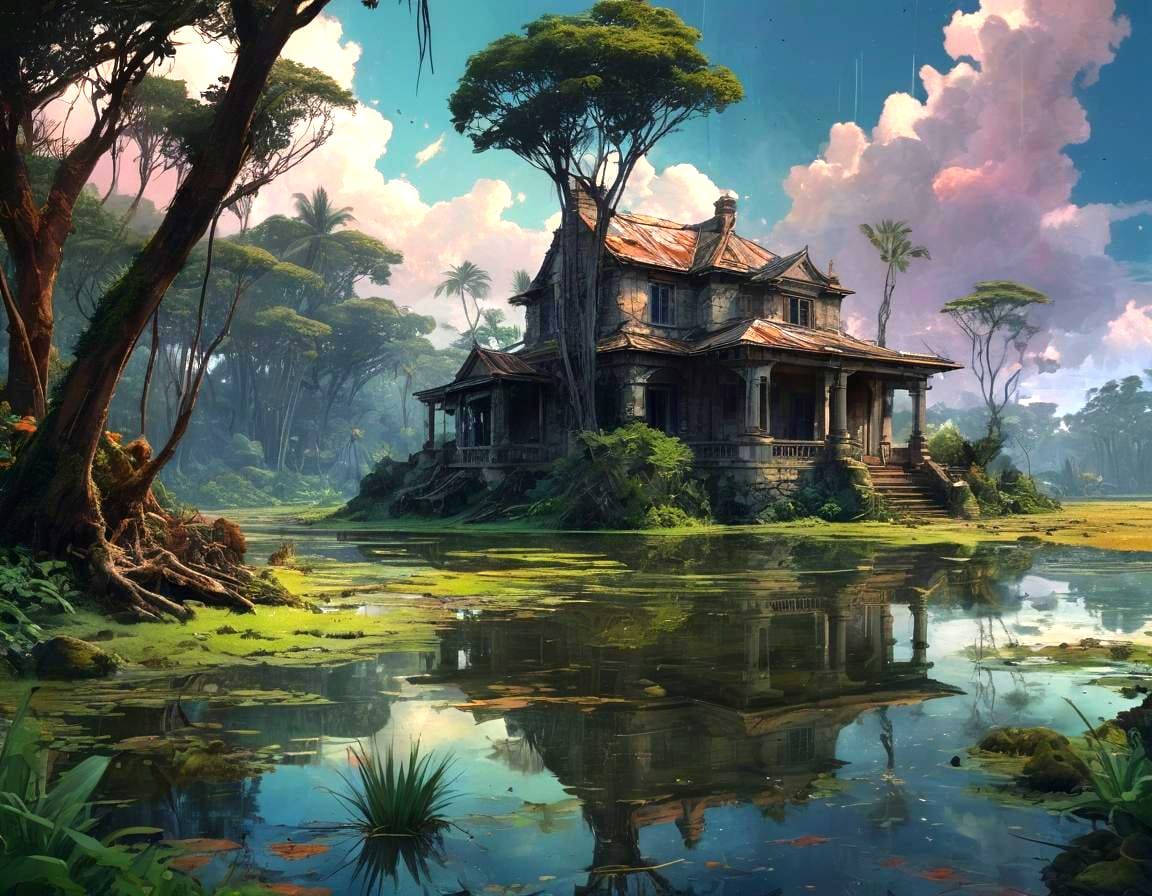 Hawaiian Swamp Manor Under Nebula Sky
