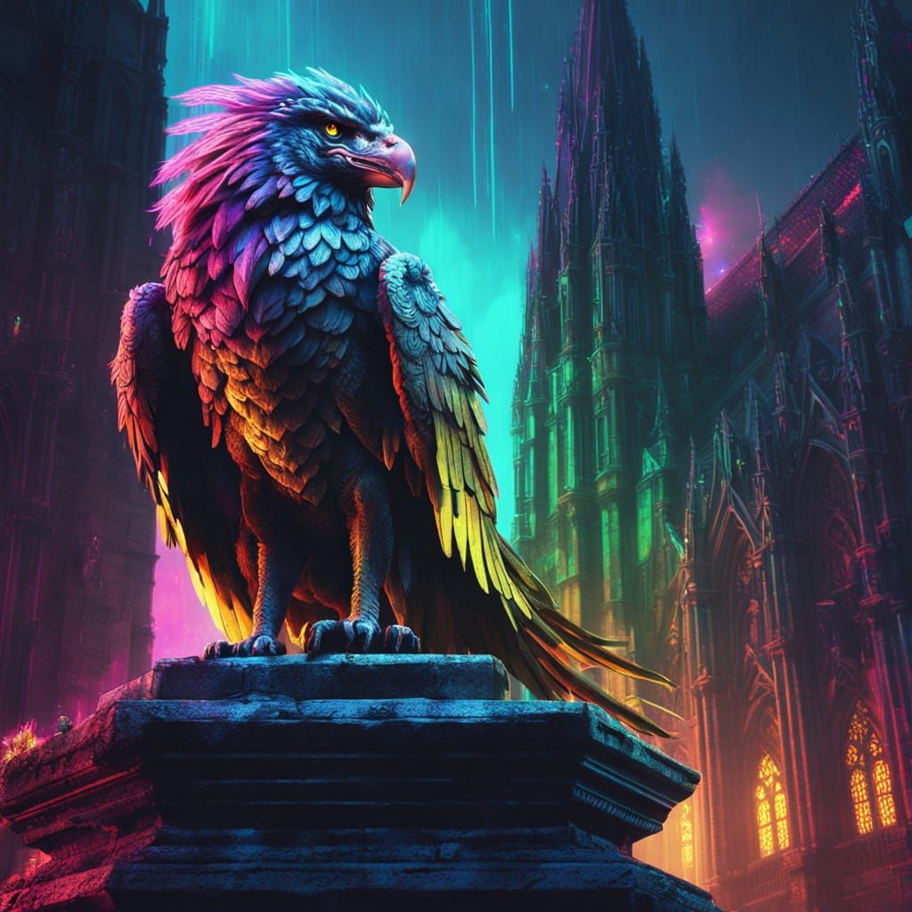 Cyberpunk Griffin Perched on Gothic Cathedral