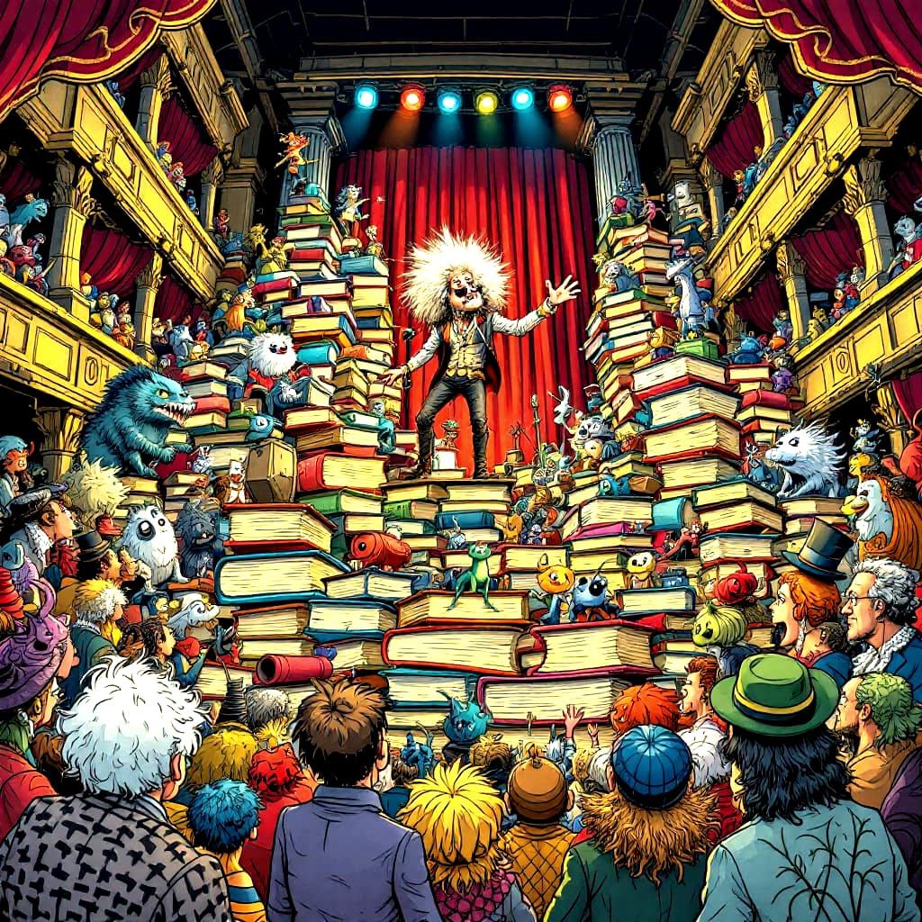 Legendary Musician Performs on Book Stage in Cartoon Style