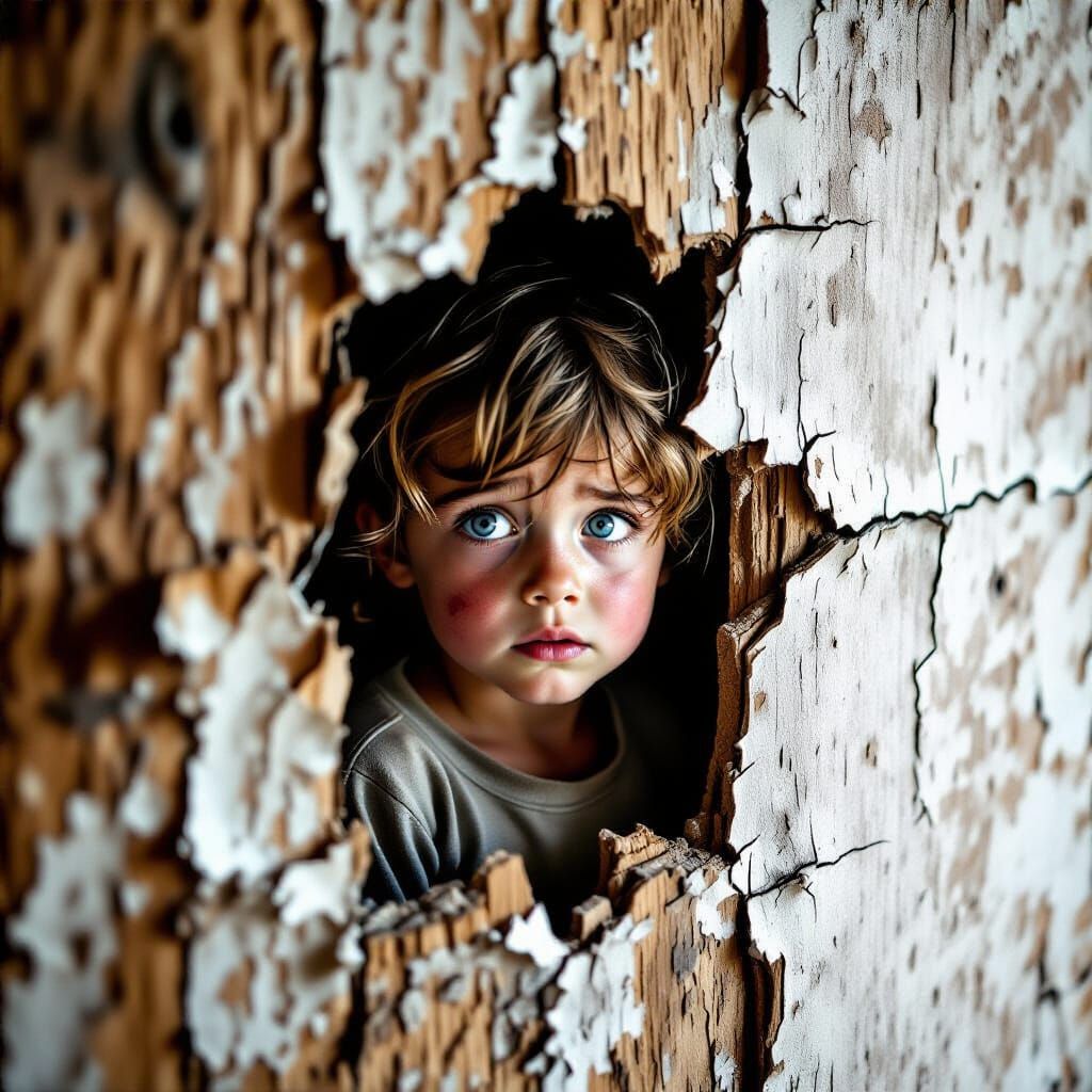 Frightened Child Revealed by Dramatic Spotlight Lighting