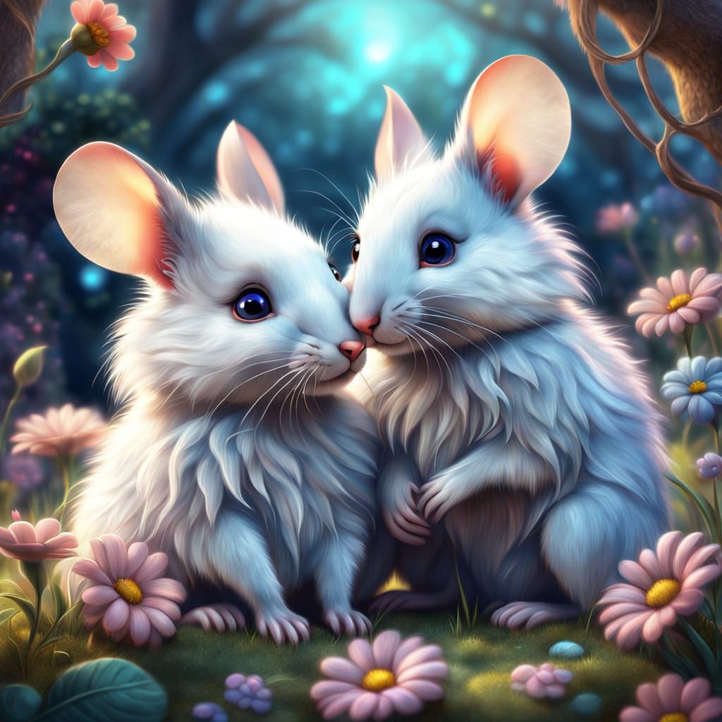 Two Fluffy Raton in Love, Dreamy Wonderland Scene