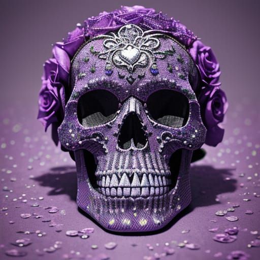 Neo-Pointilism Masterpiece: Purple Roses Surround Skull