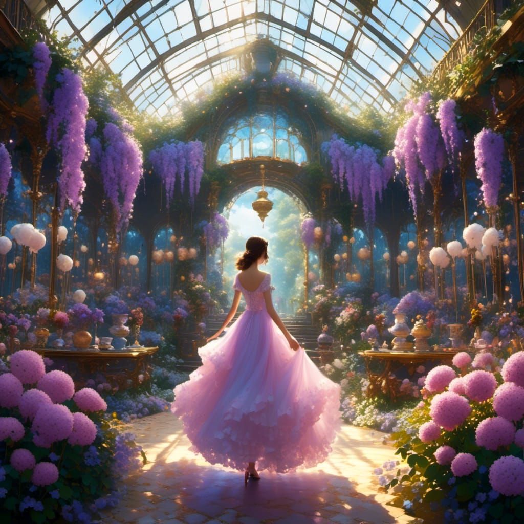 Victorian Greenhouse with Glowing Flowers, Anime Style