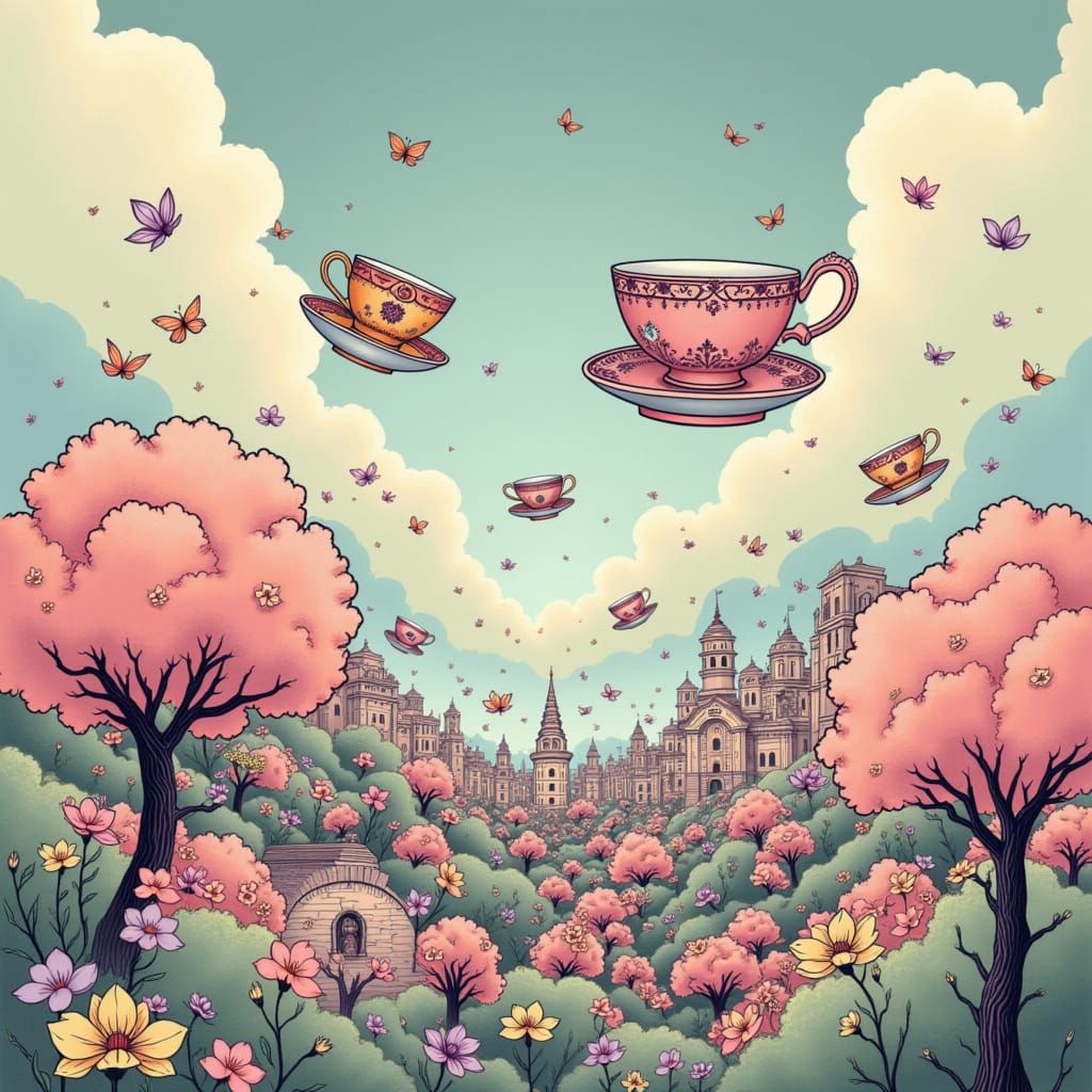 Surreal Floating Teacups Above Jigsaw City
