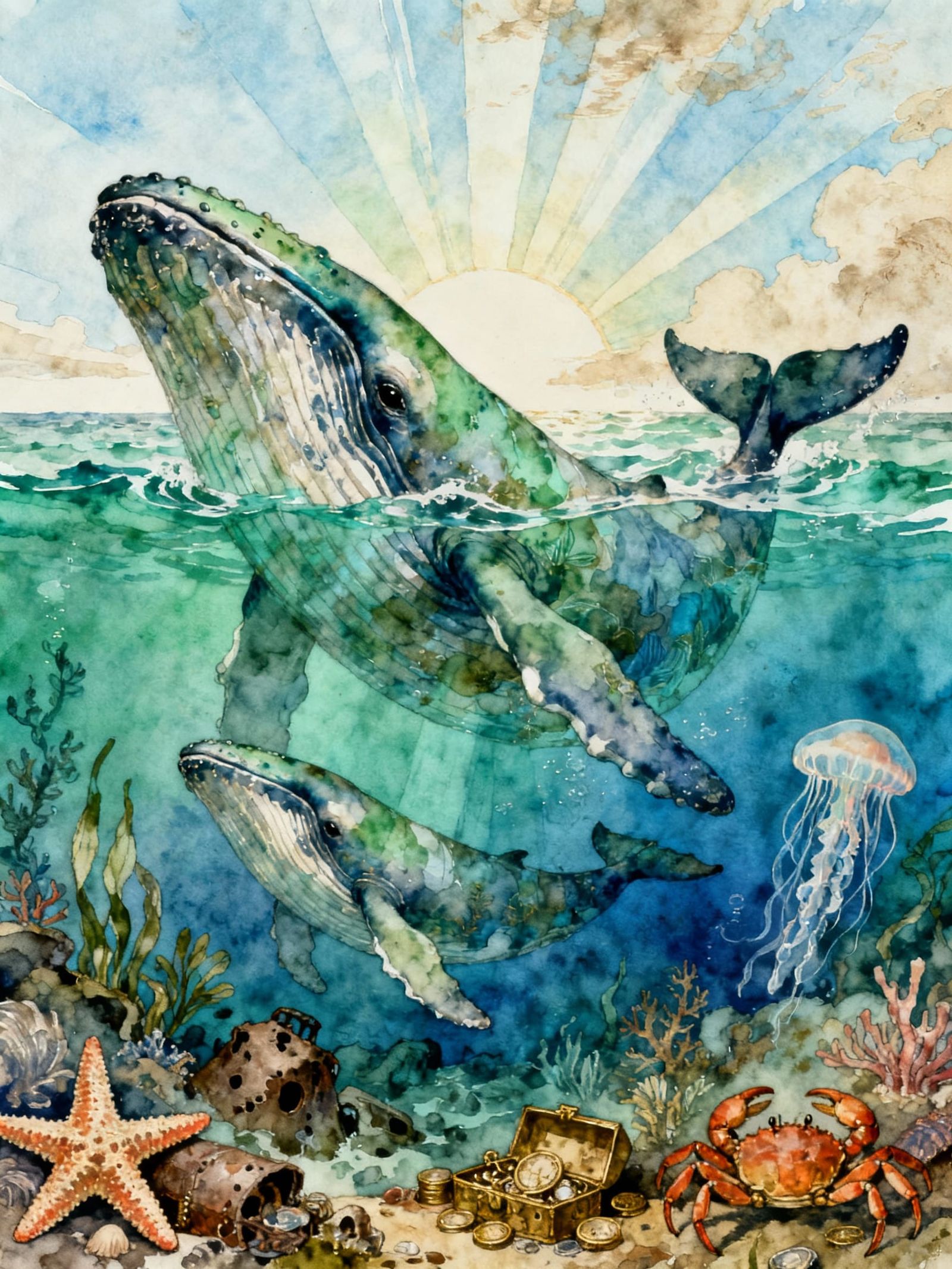 Whale Calf Merging with Ocean in Surrealist Double Exposure