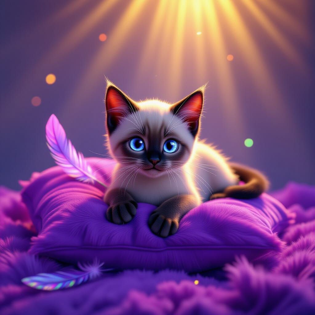 Siamese Kitten on Purple Pillow with Floating Feathers