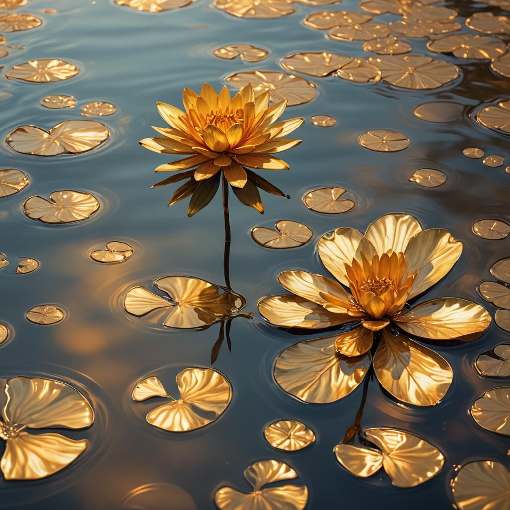 Golden Flower Floating on Sunrise Water: Concept Art