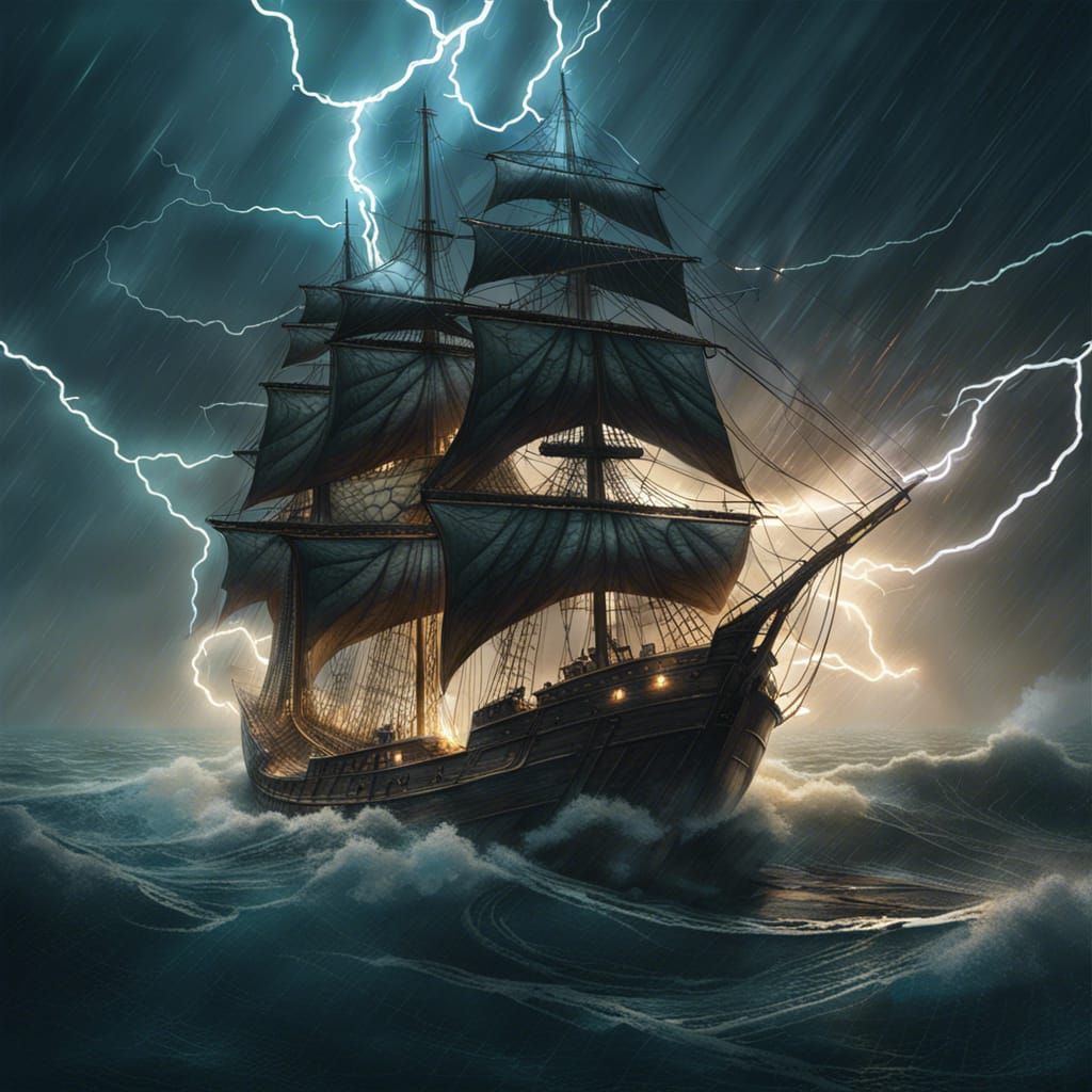 Ship Navigating Lightning Storm: Dark Fantasy Art