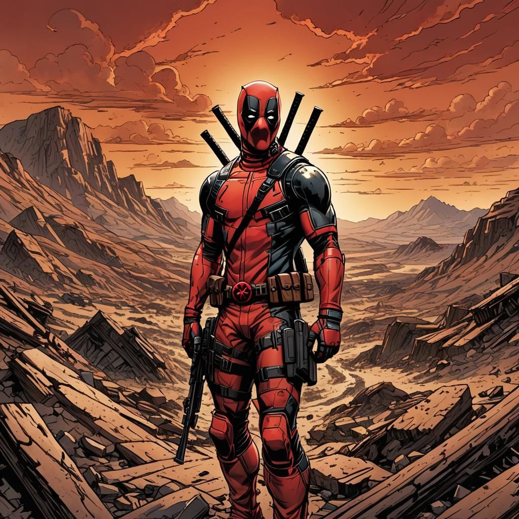 Deadpool in Barren Wasteland: Comic Book Illustration