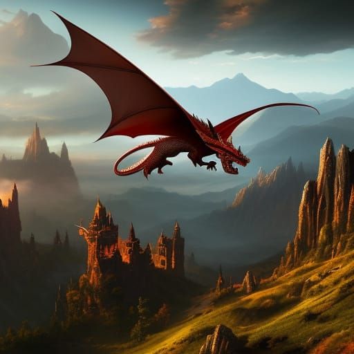 Red Dragon Flying Over Valley in Dark Fantasy Art