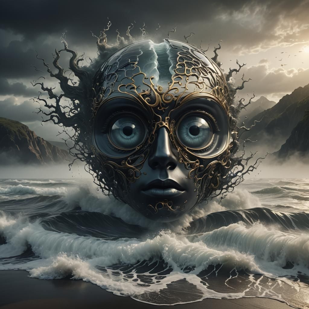 Glass 'A' with Brain and Eye in Surreal Fog