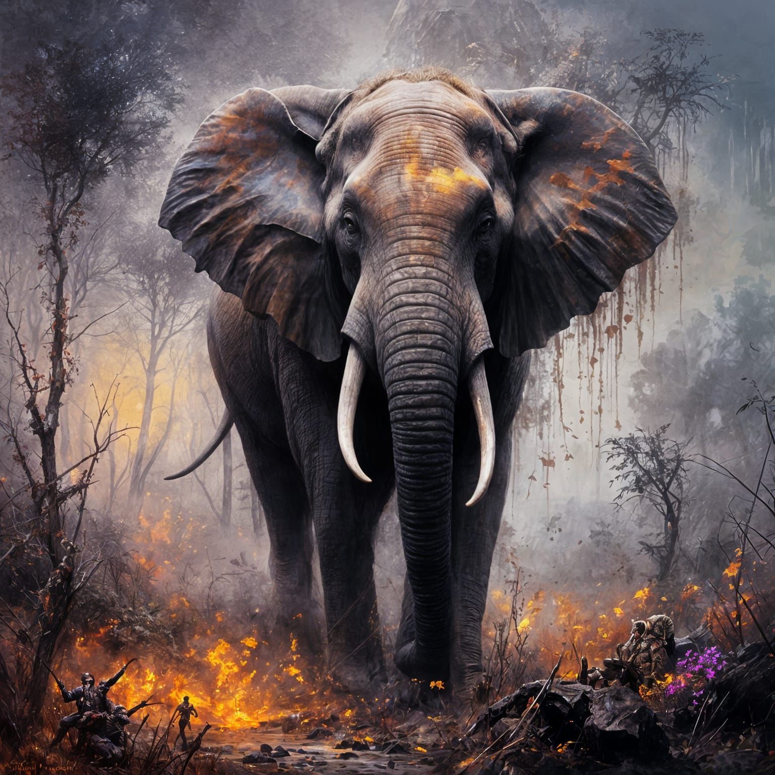 Pointillist Elephant in Psychedelic Oil Painting