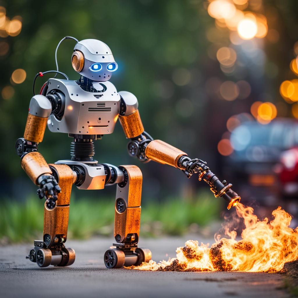 Humanoid Robot with Flamethrower: Professional Photo