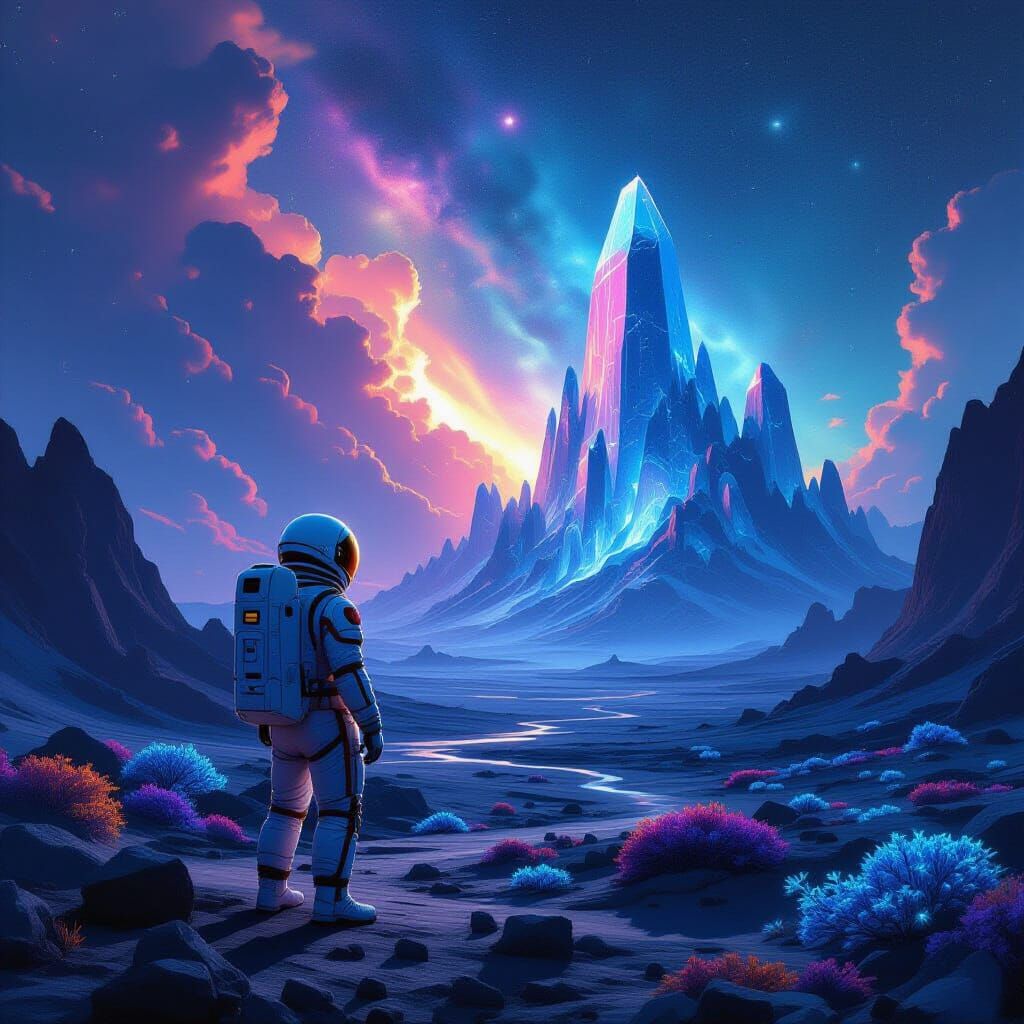 Astronaut on Alien Planet Gazing at Crystalline Mountains
