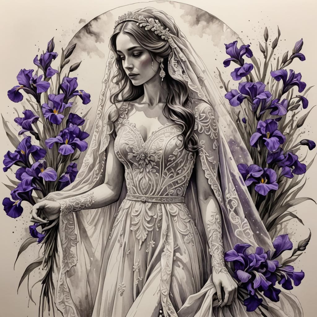 Elegant Bride with Iris Bouquet: Monochromatic Ink Drawing