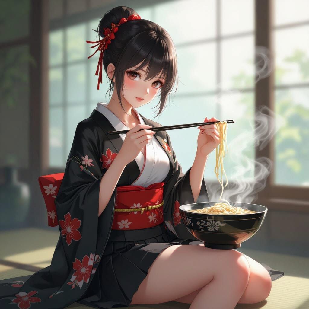 Girl in Black Haori Eats Udon with Ink Mist