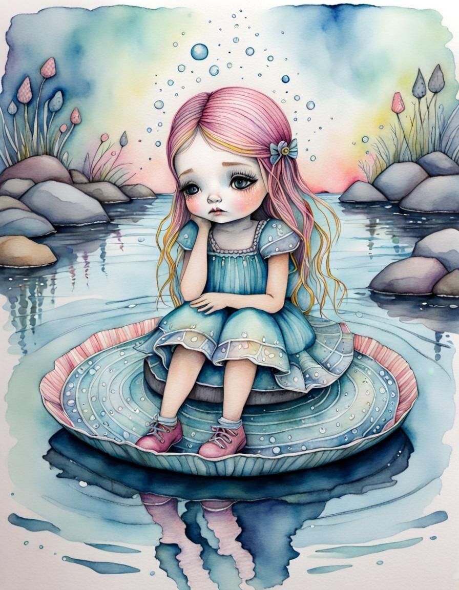 Crying Girl in Water: Whimsical Pastel Watercolors