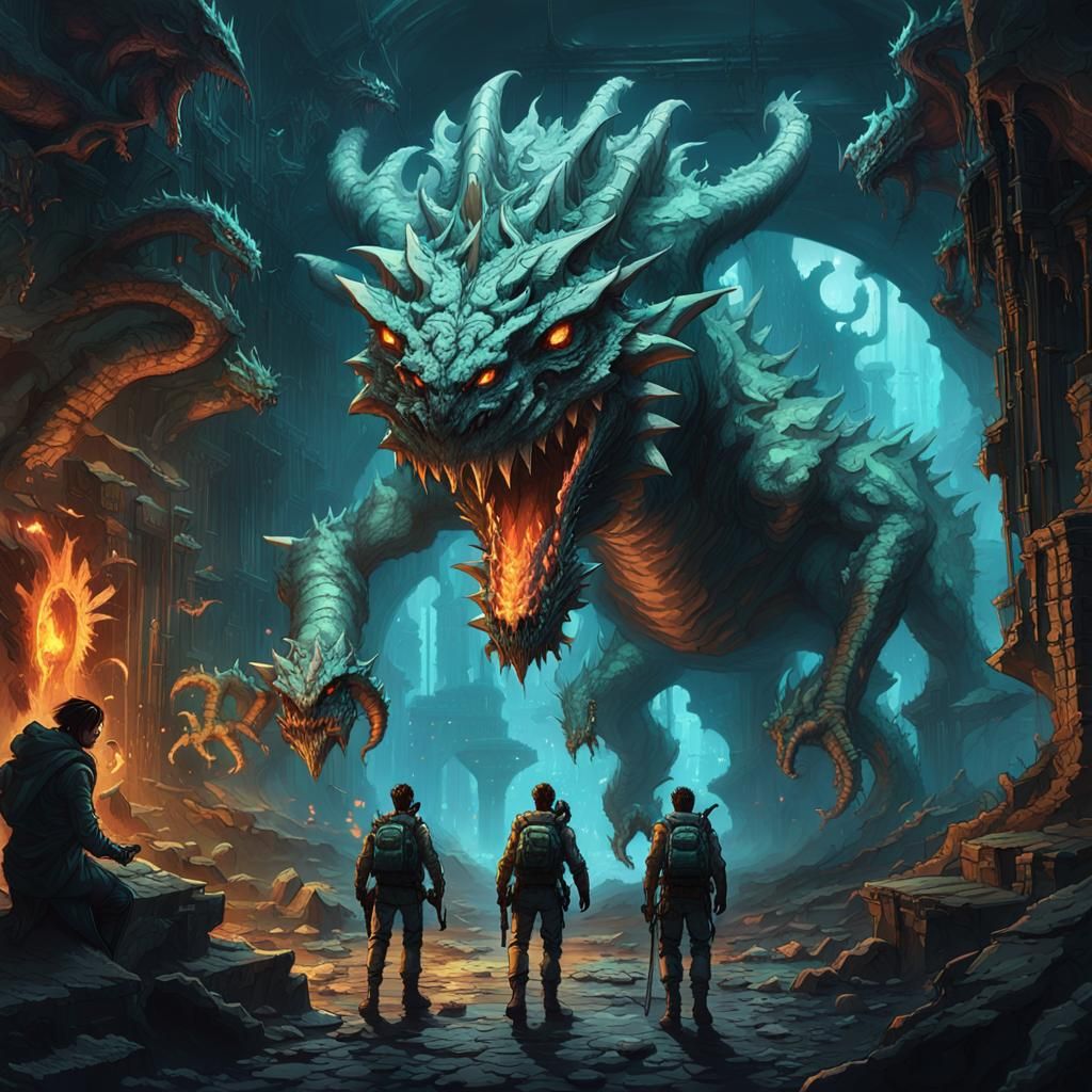 Cyberpunk Explorers on Dragons Enter Bioluminescent Dungeon