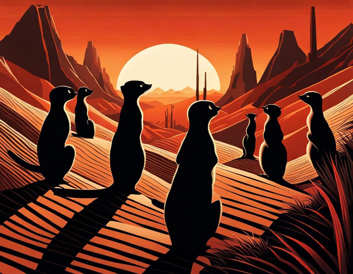 Solemn Meerkats at Desert Sunrise in Earthy Artistic Style