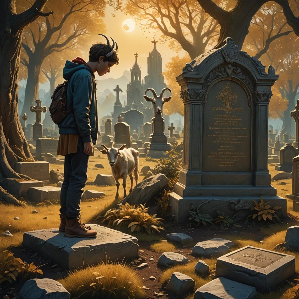 Child at Father's Grave in Dreamlike Landscape