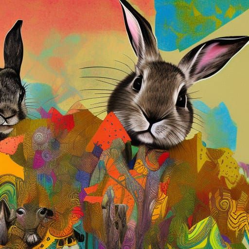 Rabbits Collage in Modern Boho Art Style