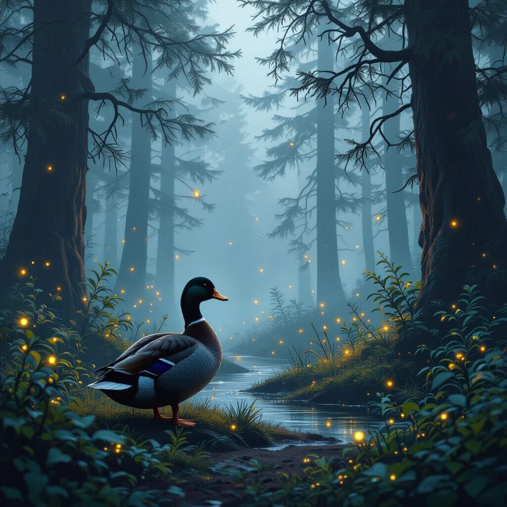 Duck in Misty Forest with Fireflies: Matte Painting