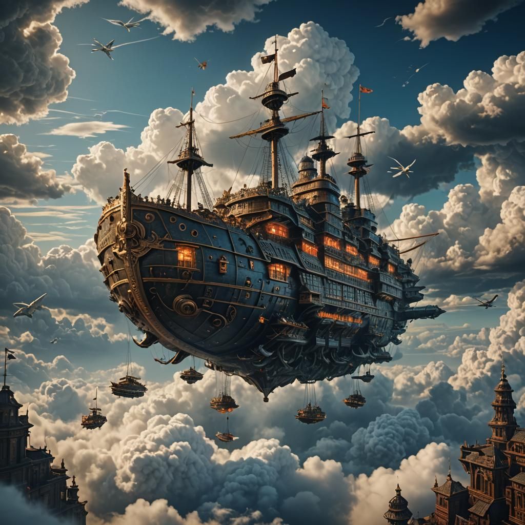 Epic Flying Ship Amidst Clouds in 8K