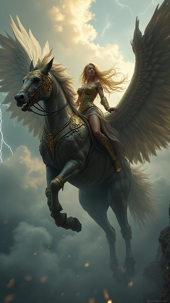 Valkyrie on Steampunk Pegasus in Baroque Style