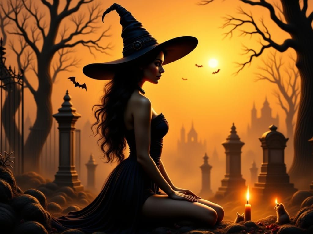 Enchanting Witch Silhouette in Twilight Graveyard