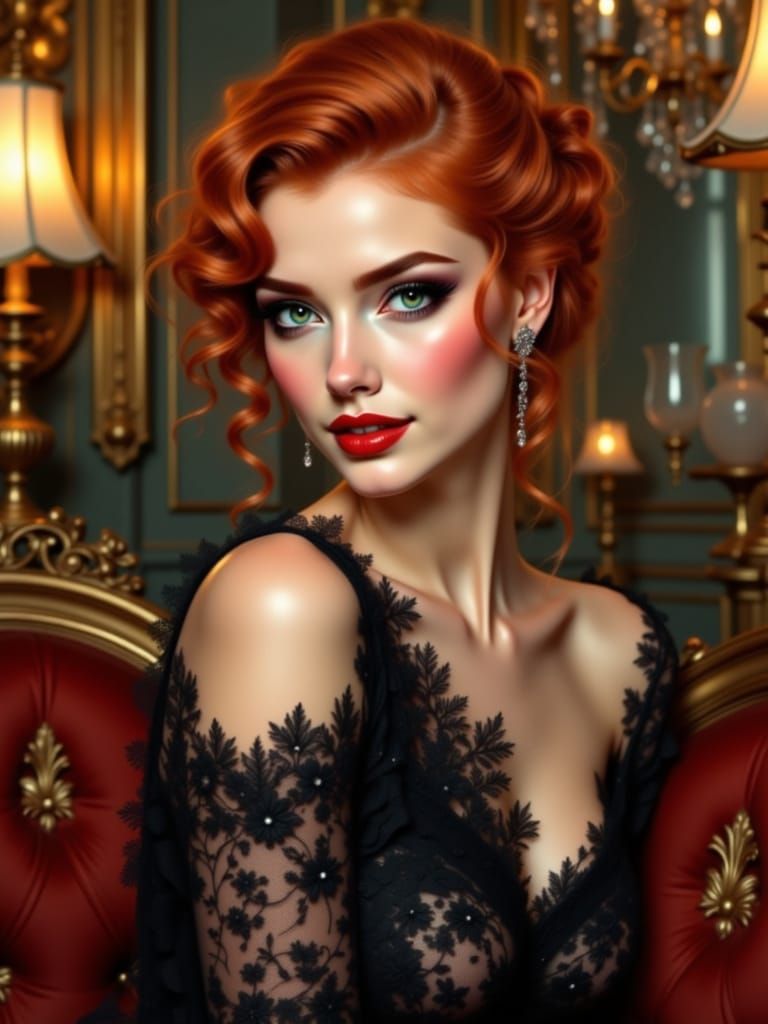 Glamorous Redhead in Vintage Gown, Pin-Up Style