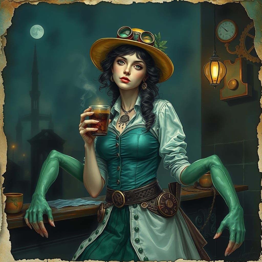 Steampunk Herbalist in a Whimsical Nightscape