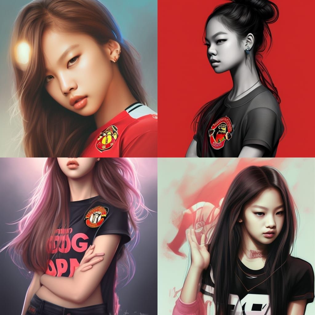 Jennie Kim Portrait with Manchester United T-Shirt