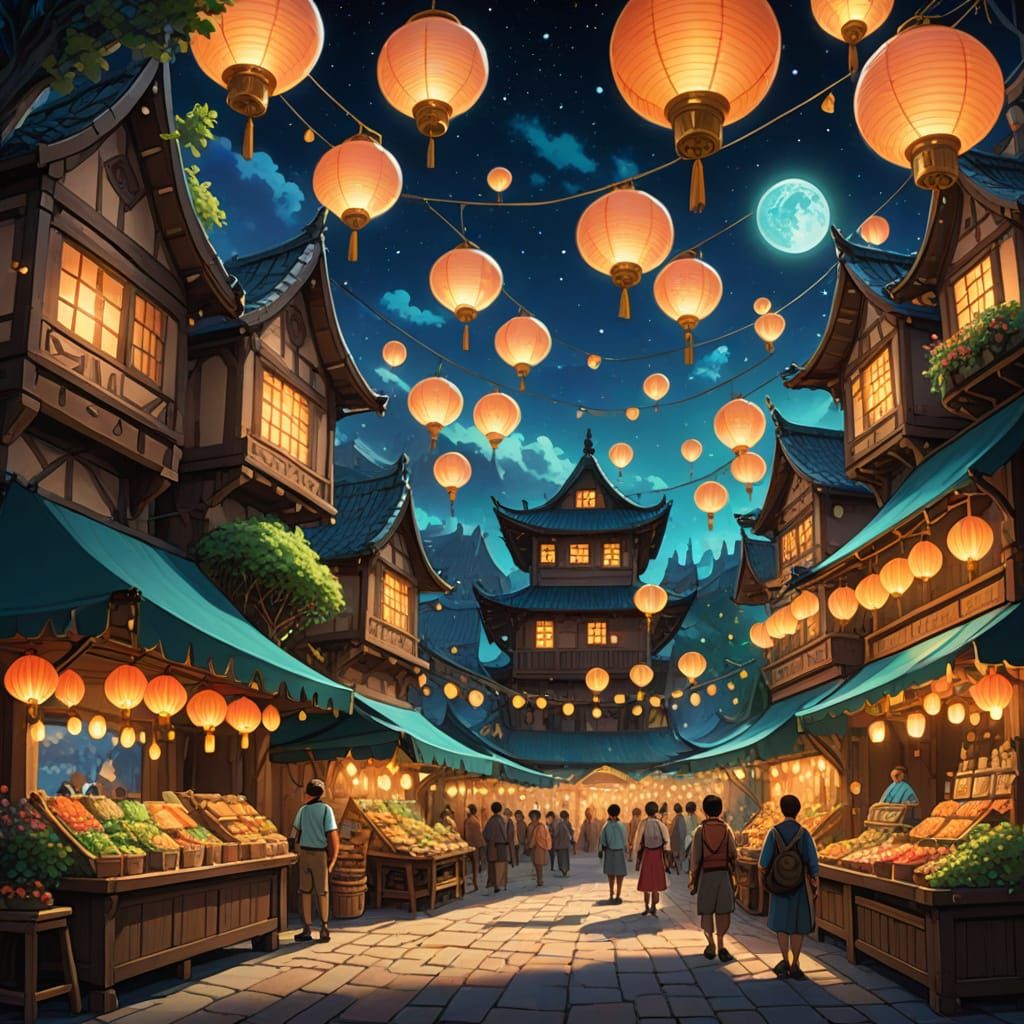 Fantastical Floating Island Marketplace in Aurora Sky