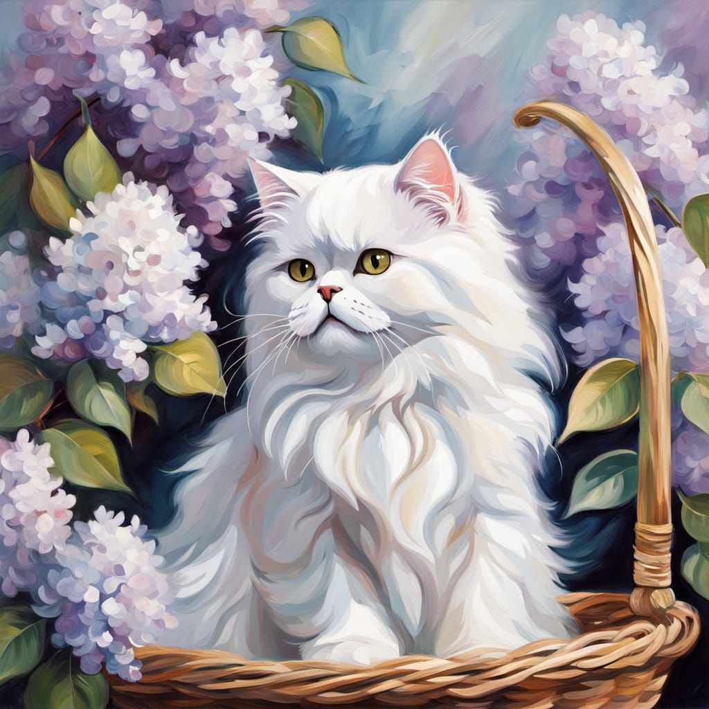 Impressionist Oil Painting of a Persian Cat and Lilacs in El...