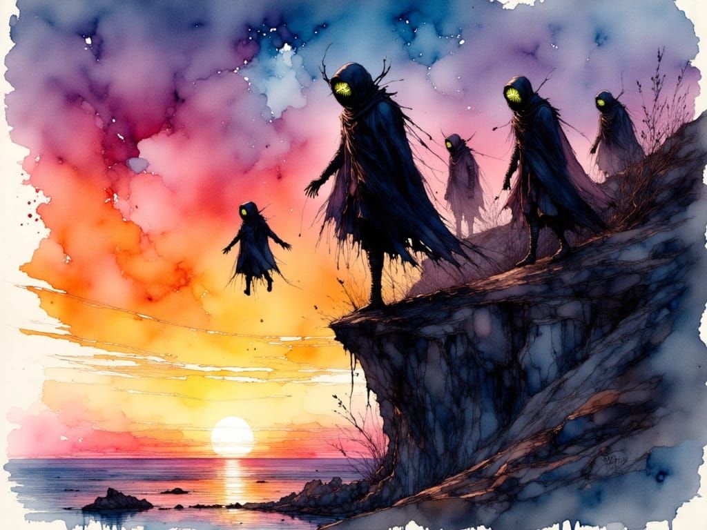 Ur-viles Leap from Cliff in Watercolor Style