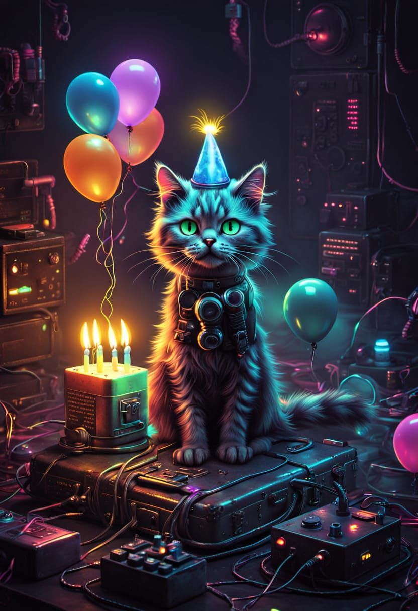 Cyberpunk Birthday Party Cat in Glowing Neon