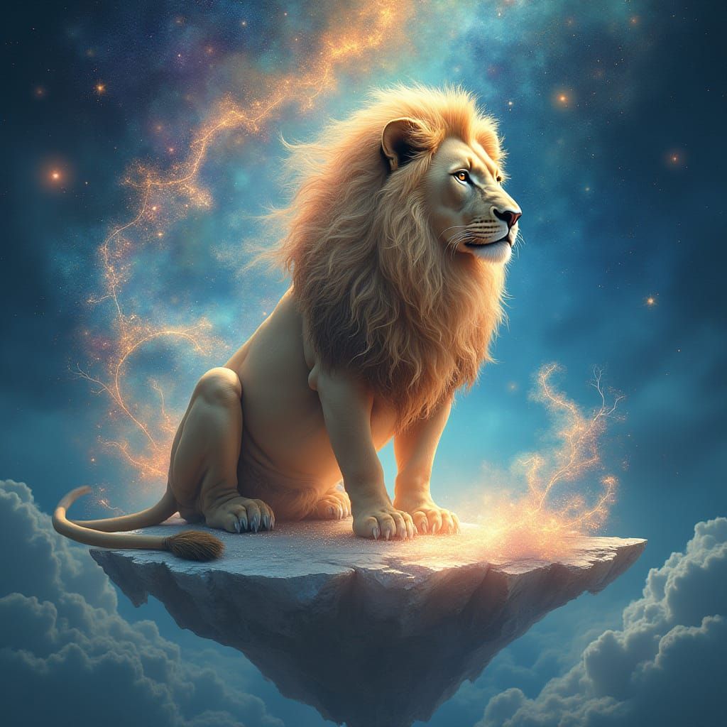 Regal Lion Surrounded by Cosmic Ocean and Iridescent Starlig...