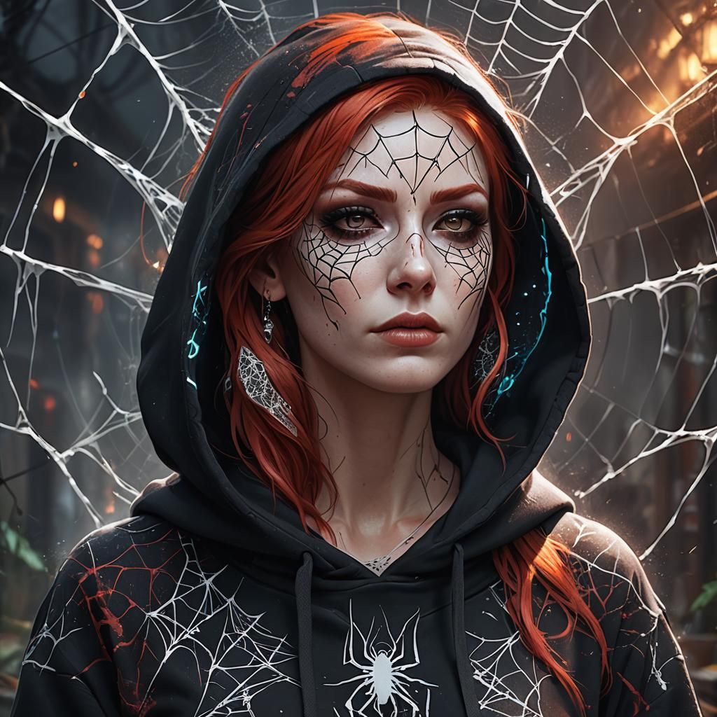Woman with Spider Web Tattoos in Detailed Matte Painting
