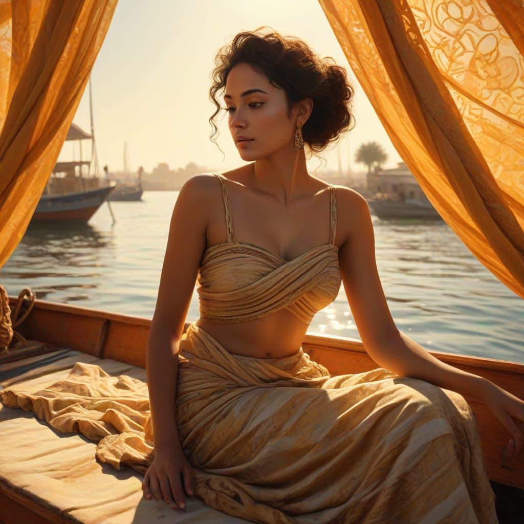 Egyptian Woman Lounging on Boat in Oil Painting