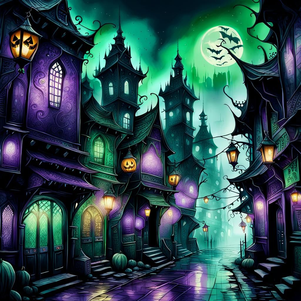 Eerie Halloween Night in Mystical City: Dark Fantasy Art