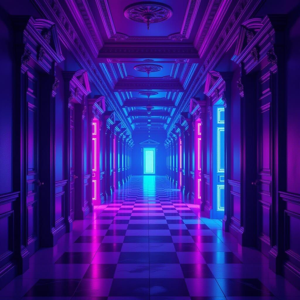 Surreal Hallway of Glowing Doors to Other Realities