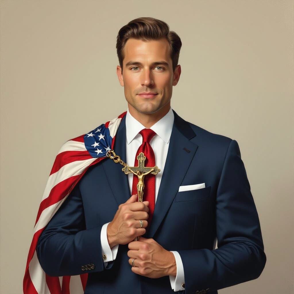 Patriotic Man with Crucifix in Rockwell Style