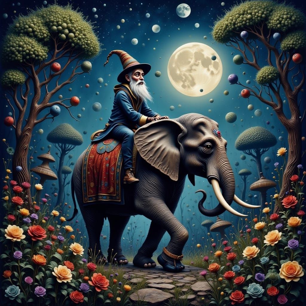 Ethereal Wizard Rides Cosmic Elephant Through Tim Burton-Ins...