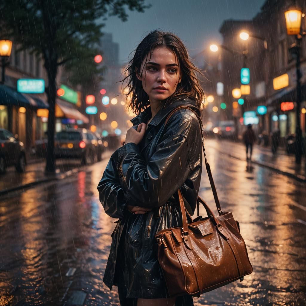 Young Woman in Rain: Cinematic Matte Painting