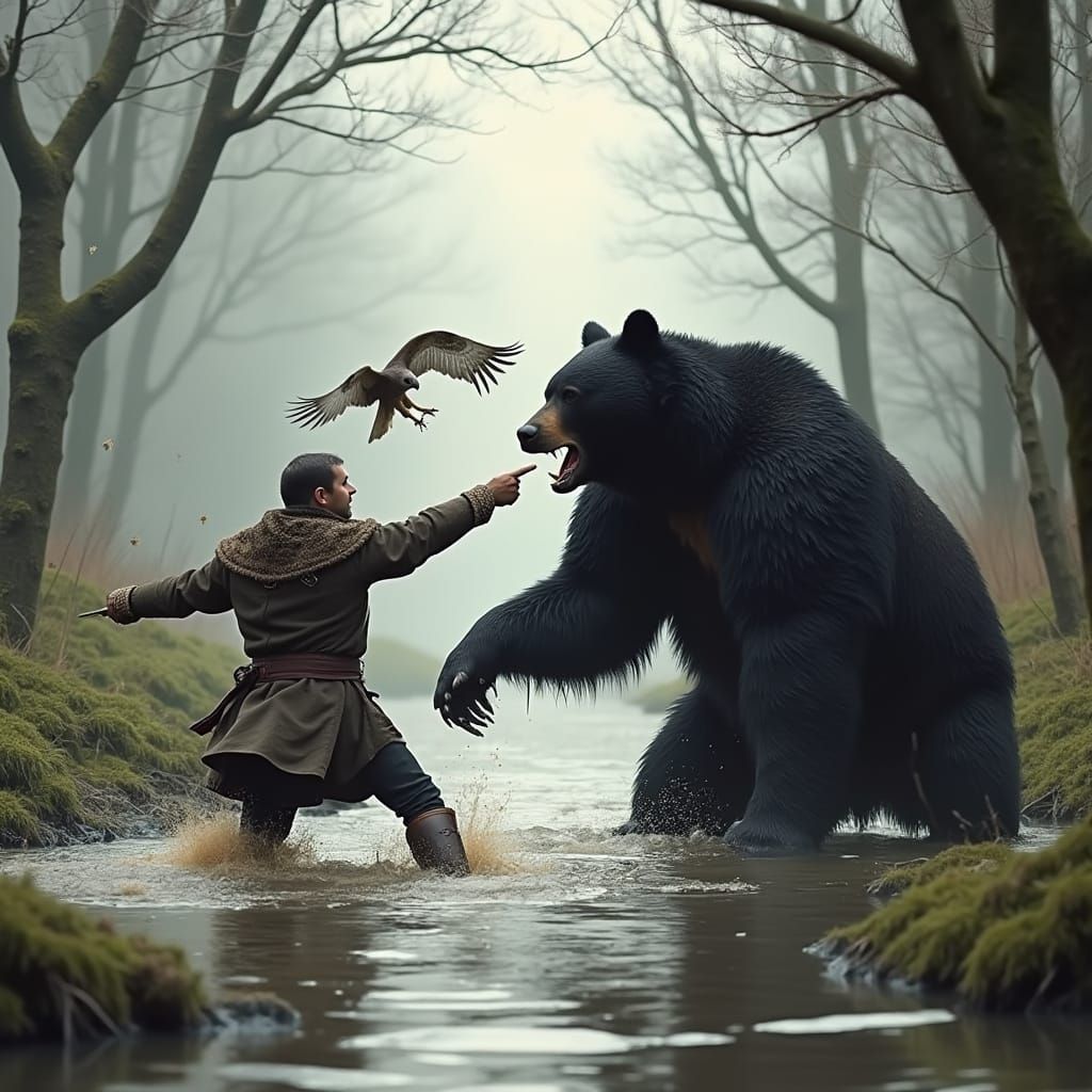 Medieval Falconer Fights Bear in Swamp Quicksand