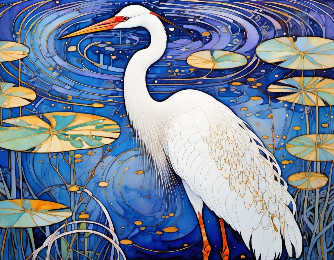 White Crane in Plein Air Impressionist Style