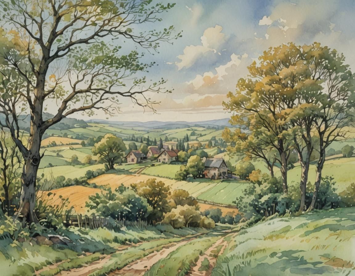 Watercolor Village Landscape in Comic Book Style