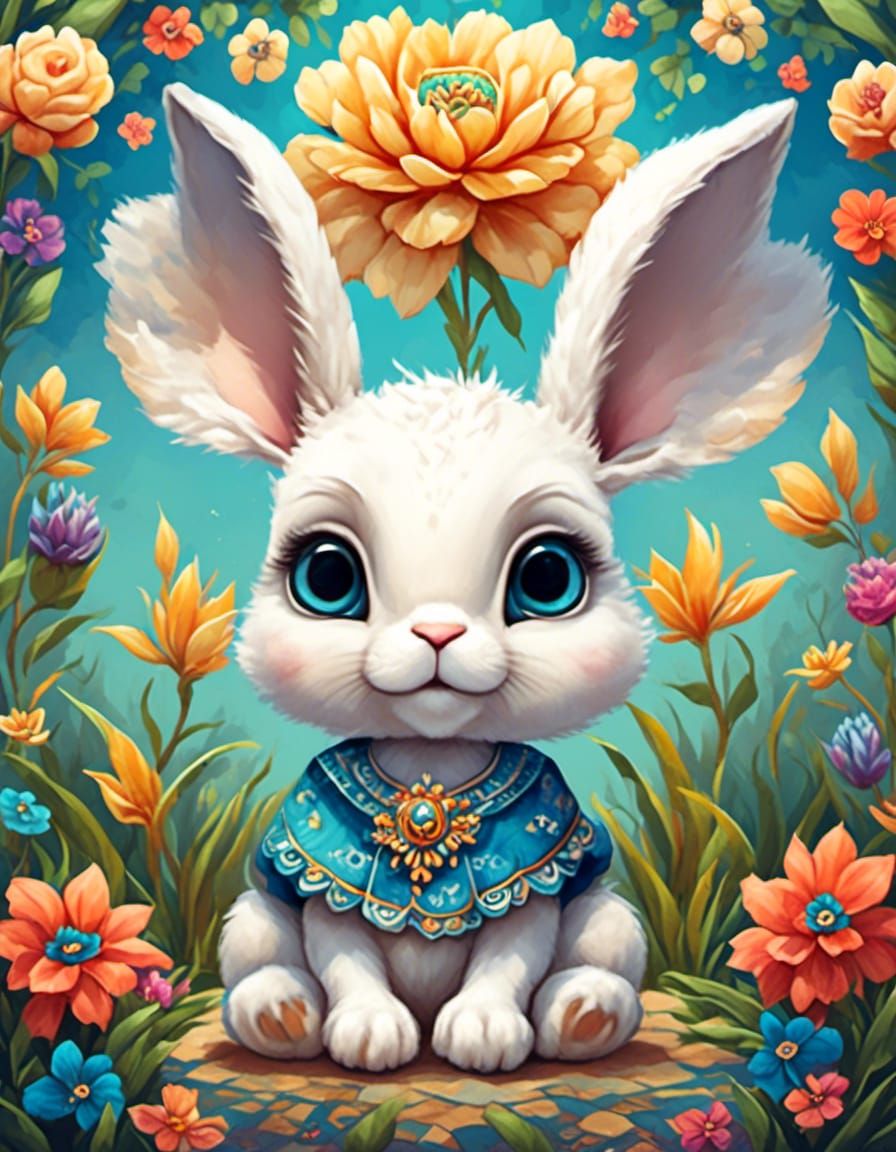 Chibi Rabbit in Mexican Landscape, Antique Watercolor Style