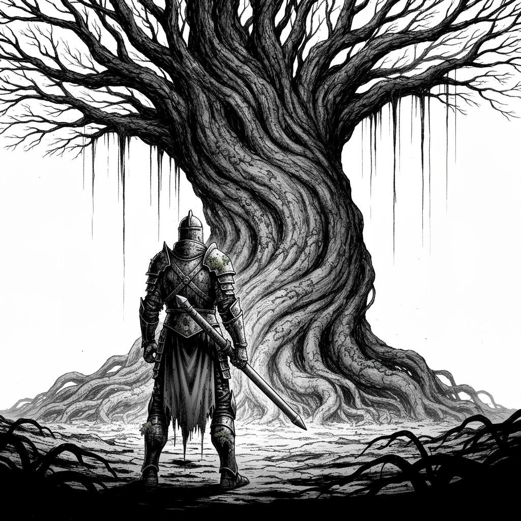 Knight Before Ancient Tree in Dark Fantasy Comic Style