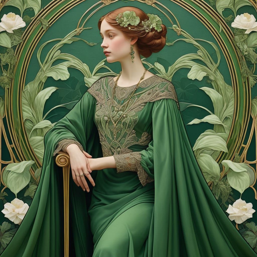 Art Nouveau Portrait With Flowing Verdant Fabric
